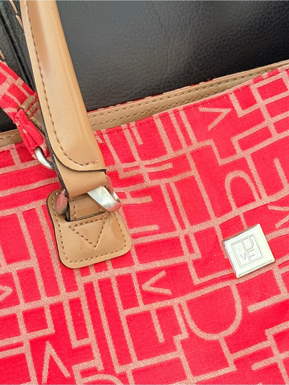 Diane Von Furstenberg Tote Bag Large Red Monogram Weekend Travel Canvas Leather - Picture 10 of 10